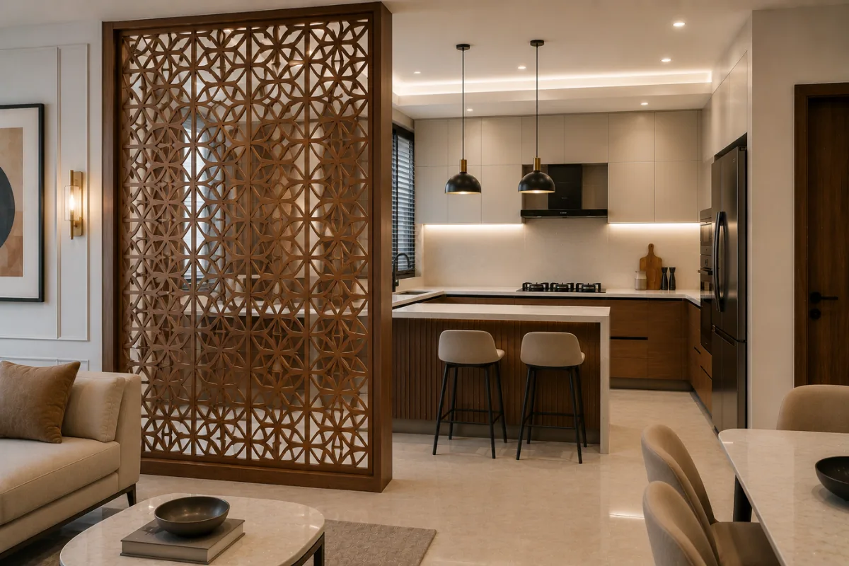 CNC Wooden Partition with open kitchen