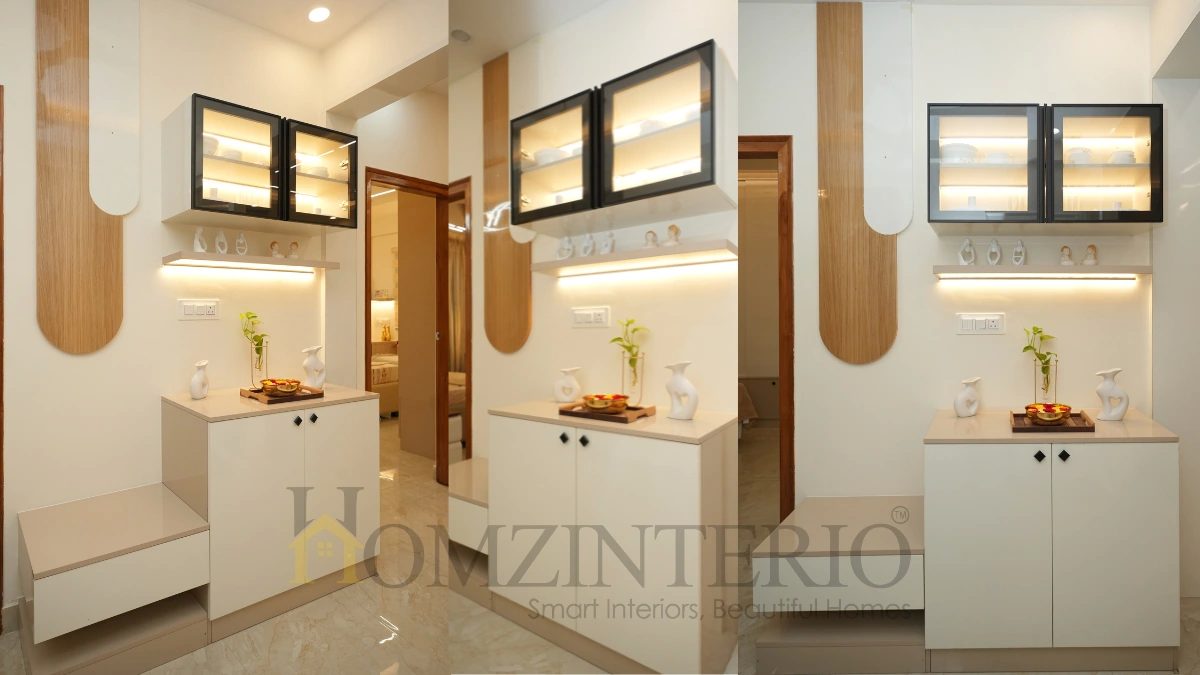 Contemporary home entrance design with floating storage cabinet in 2bhk home