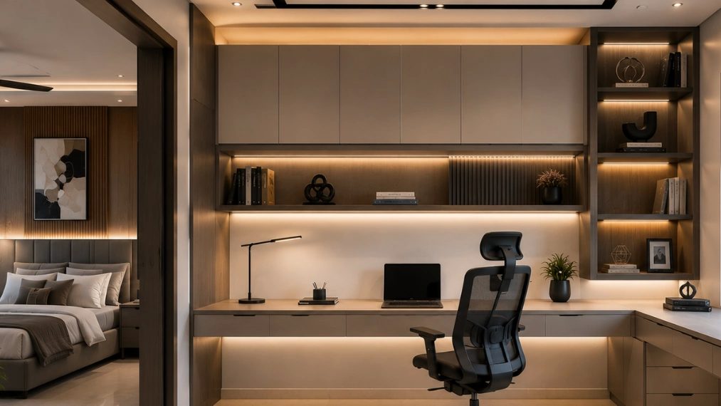 Custom modern home office interior design with integrated LED profile light study table and overhead storage for villa