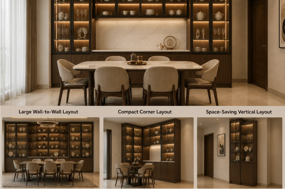 Dining room crockery unit layout ideas including wall-to-wall, corner, and vertical designs