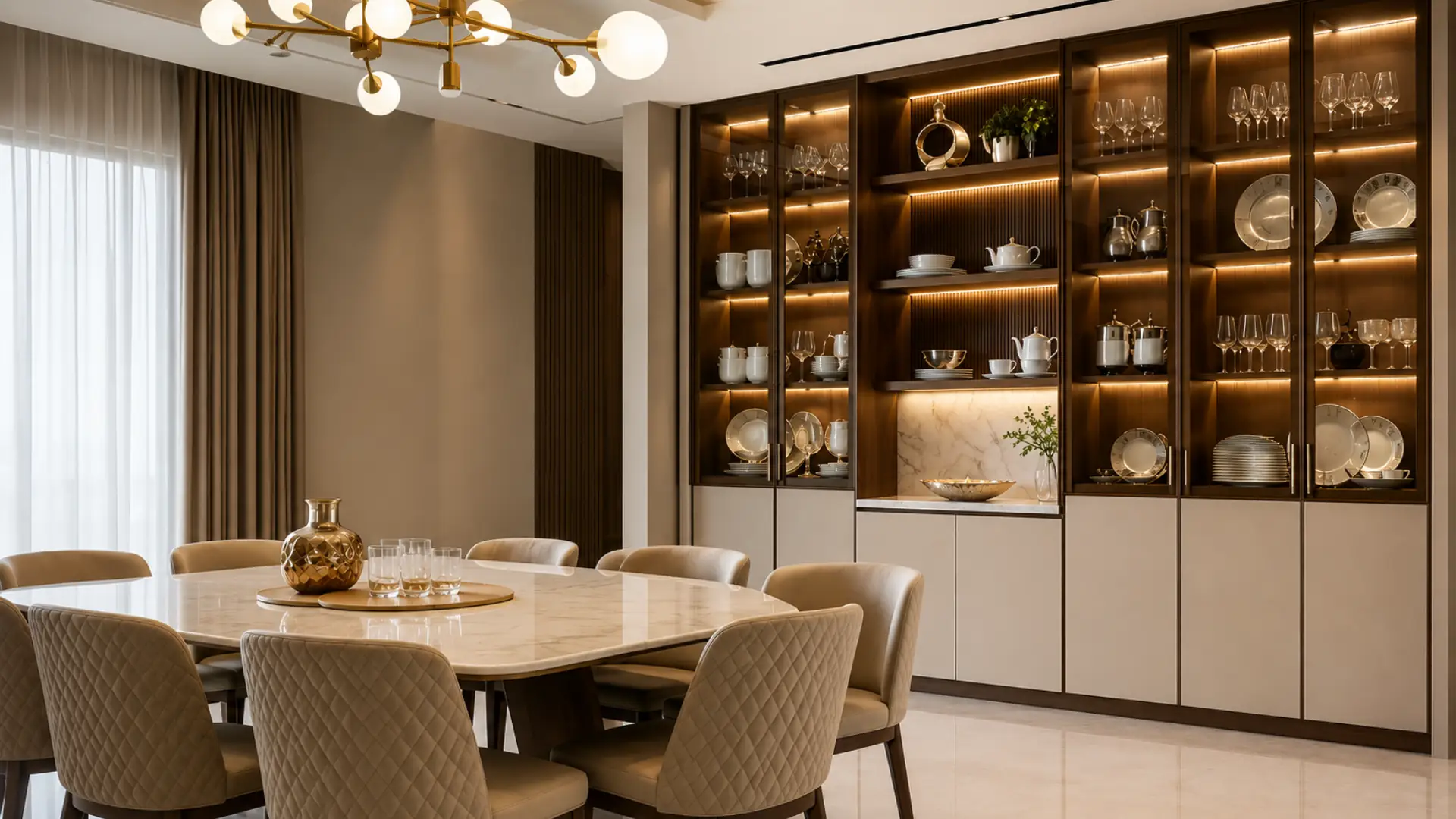 Dining room crockery unit with glass display cabinets, wooden finish