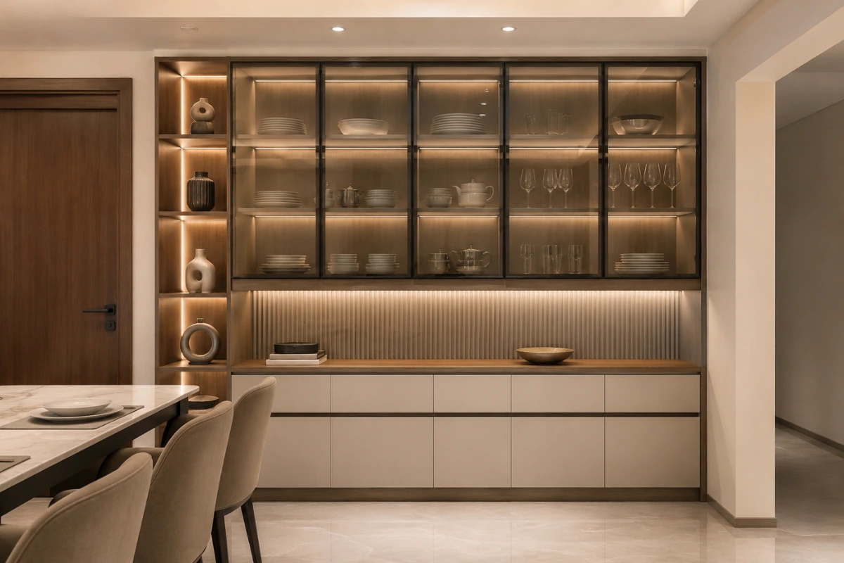 Elegant dining room crockery unit featuring glass display shelves and ambient lighting