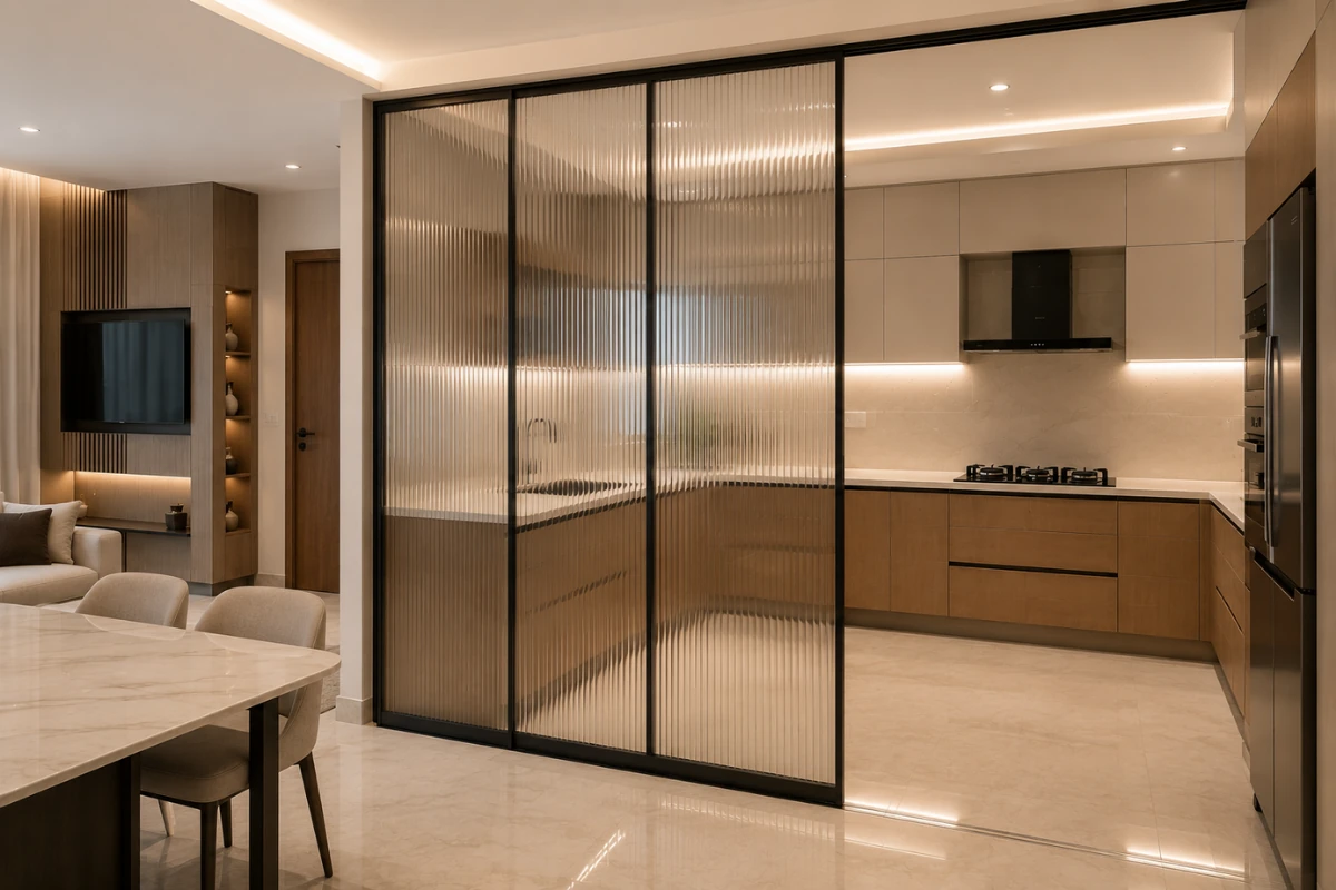 Fluted Glass Partition between kitchen and dining