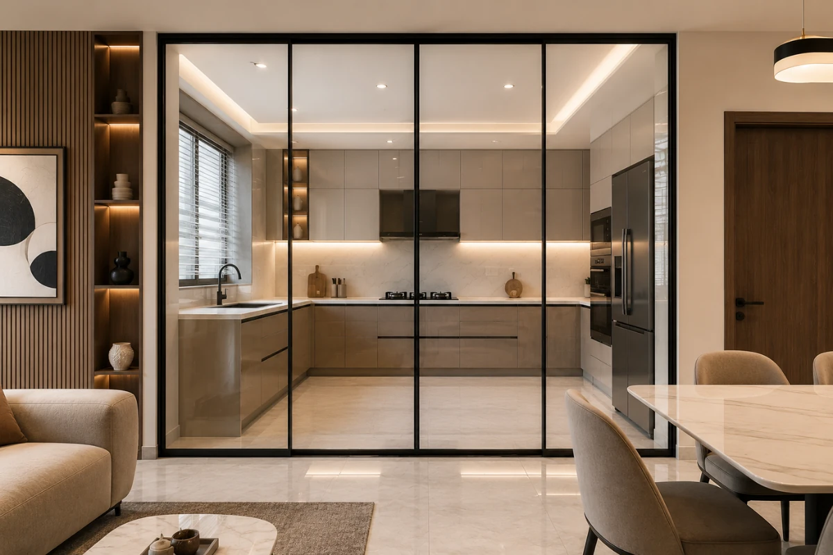 Glass Partition between kitchen and dining