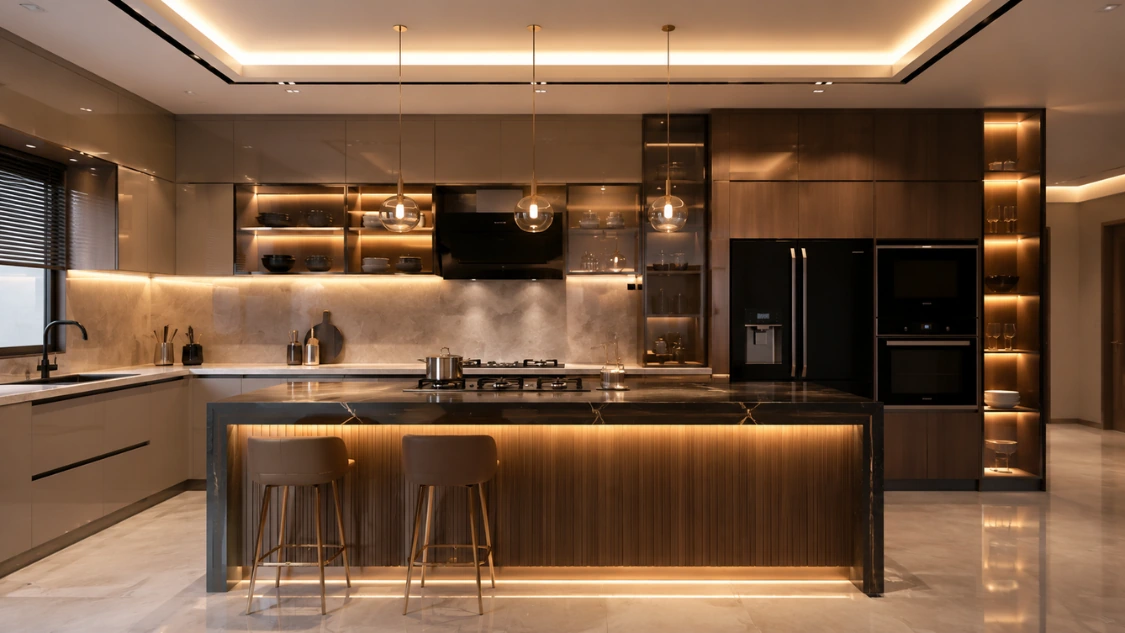 High-end kitchen interior design featuring luxury island seating and concealed storage