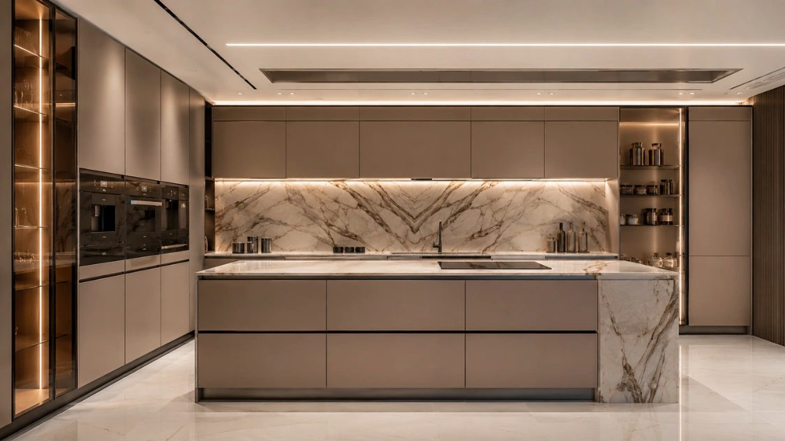 Italian kitchen interior design with luxury marble island and handleless cabinets