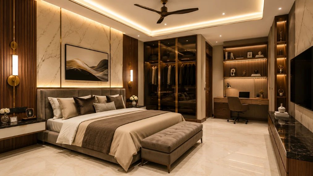 Luxury bedroom interior design with study table and walk-in wardrobe
