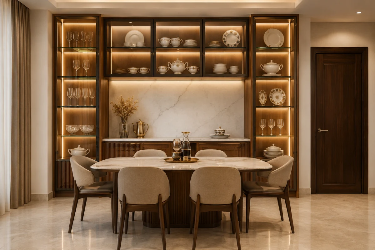 Luxury dining room crockery cabinet with glass shutters and marble backsplash