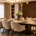 Luxury marble top dining table design with stylish upholstered seating