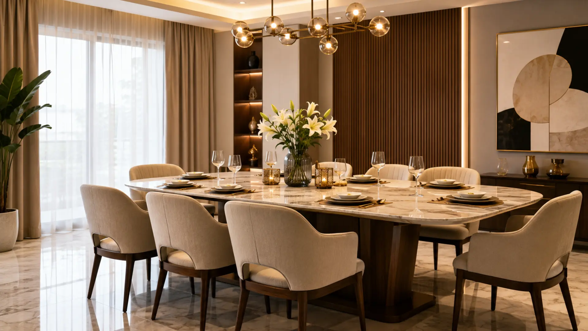 Luxury marble top dining table design with stylish upholstered seating