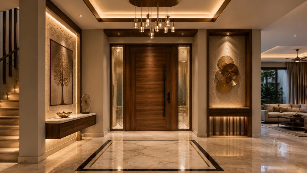 Luxury villa entryway entrance foyer design with marble flooring and statement lighting