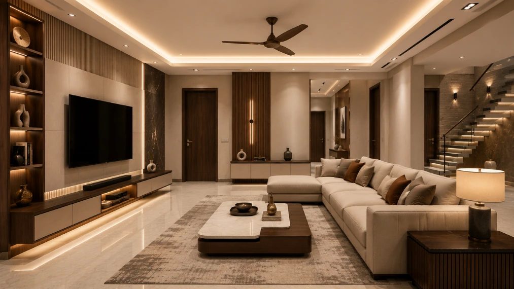 Luxury villa living room interior design with modern TV unit and beige sofa
