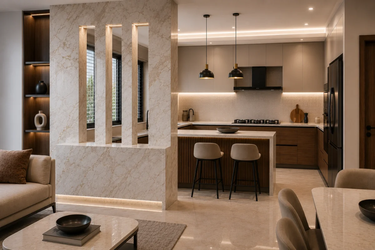 Marble kitchen partition designs between living dining
