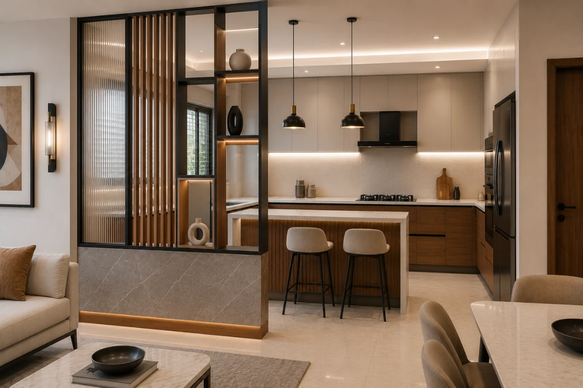 Mixed Material Partition Kitchen and Dining Room Design