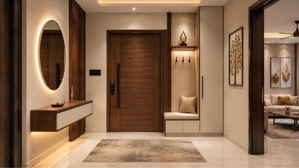 Modern apartment entryway entrance foyer design with floating console and storage bench