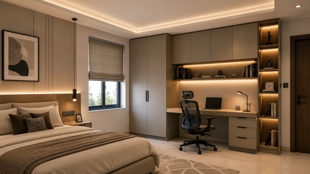 Modern bedroom design with integrated study desk and wardrobe unit