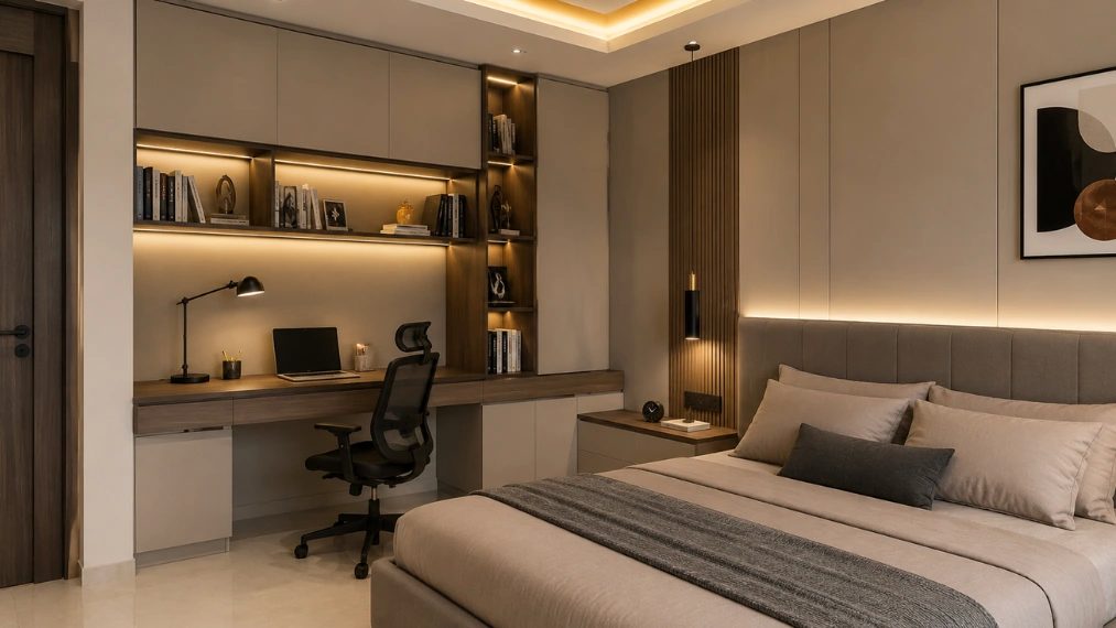 Modern bedroom featuring built-in home office workstation and warm ambient lighting