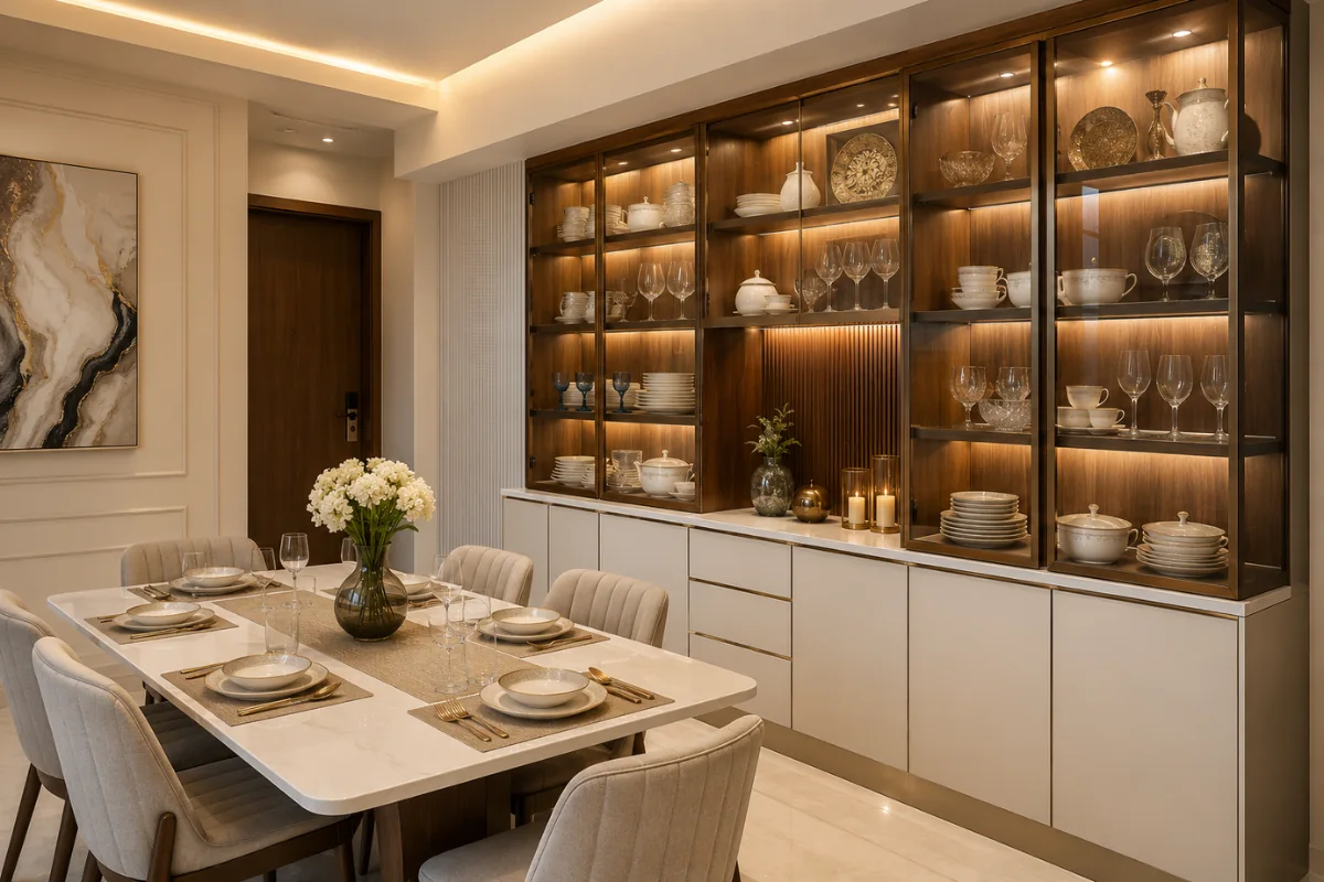 Modern dining room crockery unit design with glass display cabinets and white storage drawers