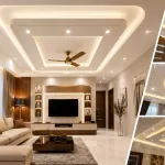 Modern gypsum ceiling design for living room with LED cove lighting and ceiling fan