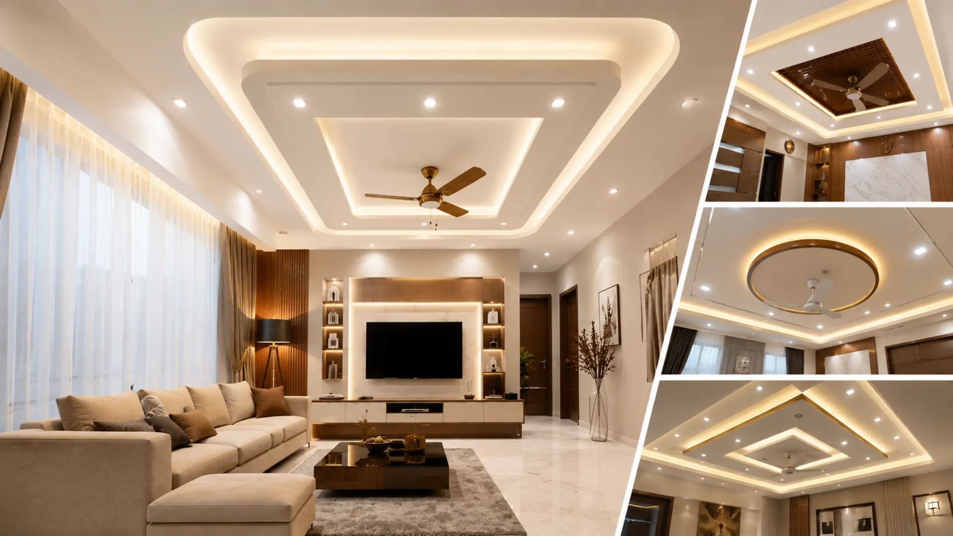 Modern gypsum ceiling design for living room with LED cove lighting and ceiling fan