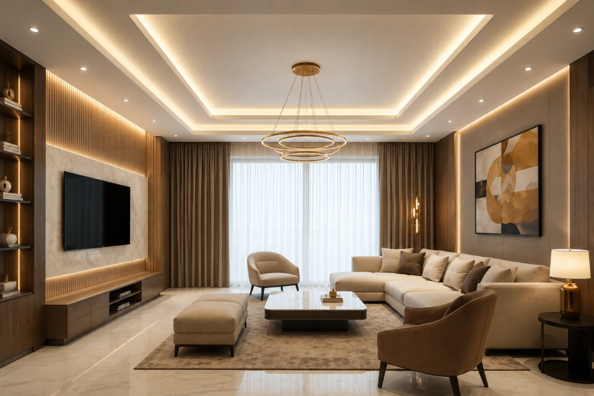 Modern gypsum ceiling design for living room with LED cove lighting