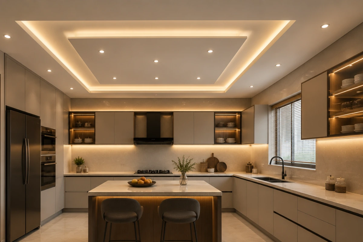 Modern kitchen false ceiling design with gypsum, LED lights, and island