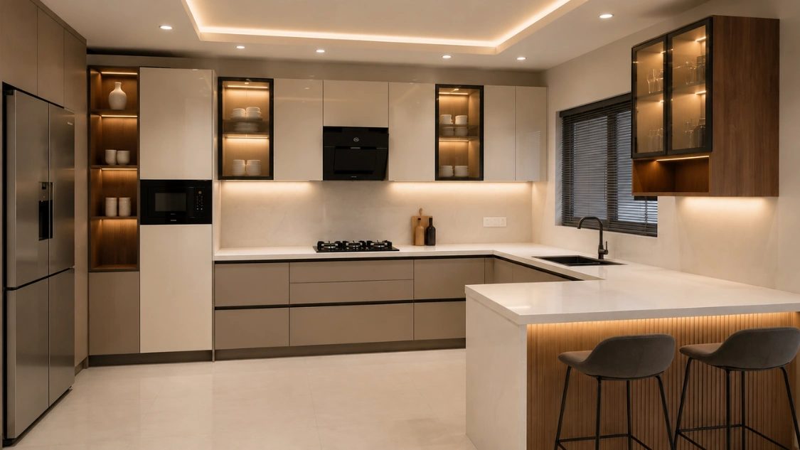 Modern kitchen interior design with luxury modular cabinets and white island