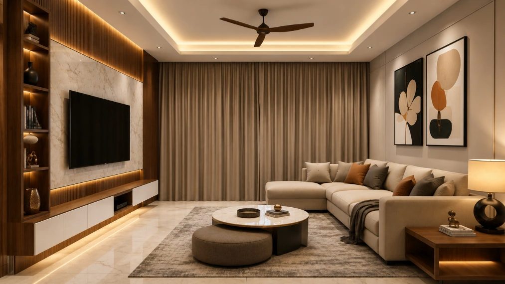 Modern living room with marble feature wall, floating TV console and ambient lighting