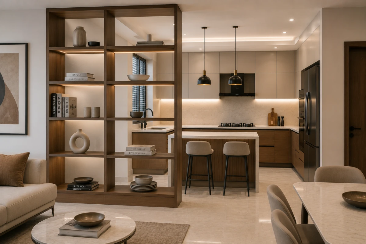 Open Shelving Partition design between kitchen and dining