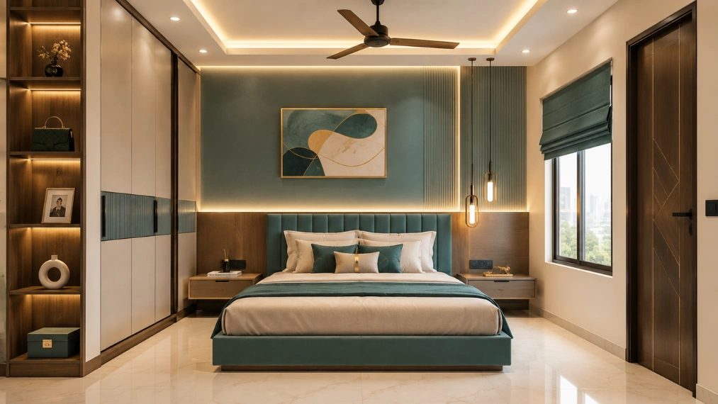 Premium bedroom interior design with custom wardrobe and decorative wall panel