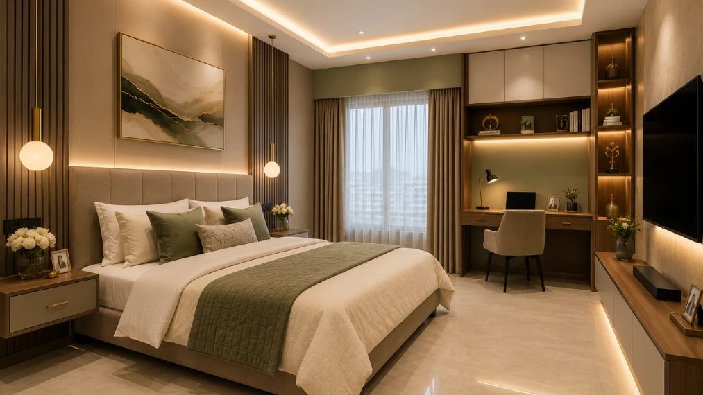 Premium bedroom interior design with wooden accents and false ceiling lighting