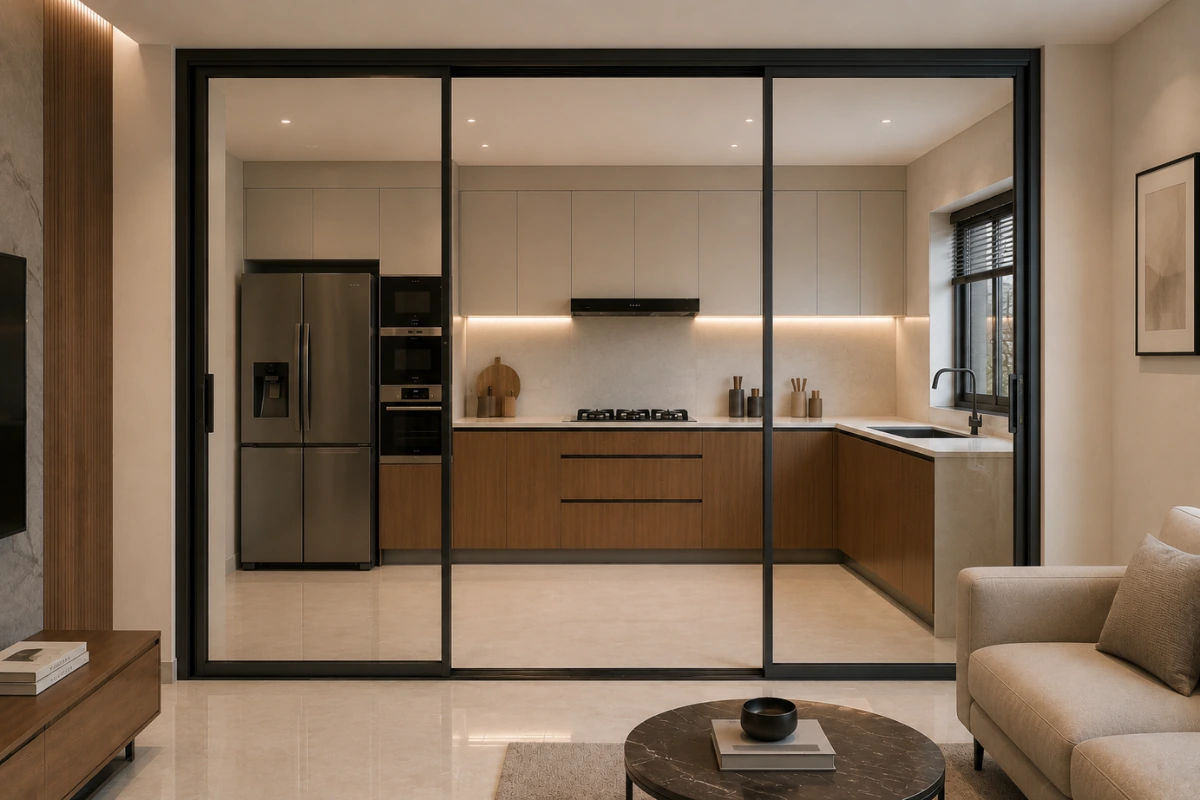 Sliding Glass Partition Design between kitchen and dining
