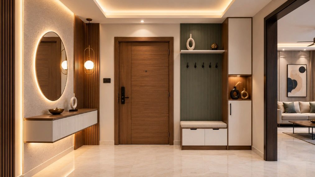 Stylish apartment entryway entrance foyer design with wooden finishes and LED lightin
