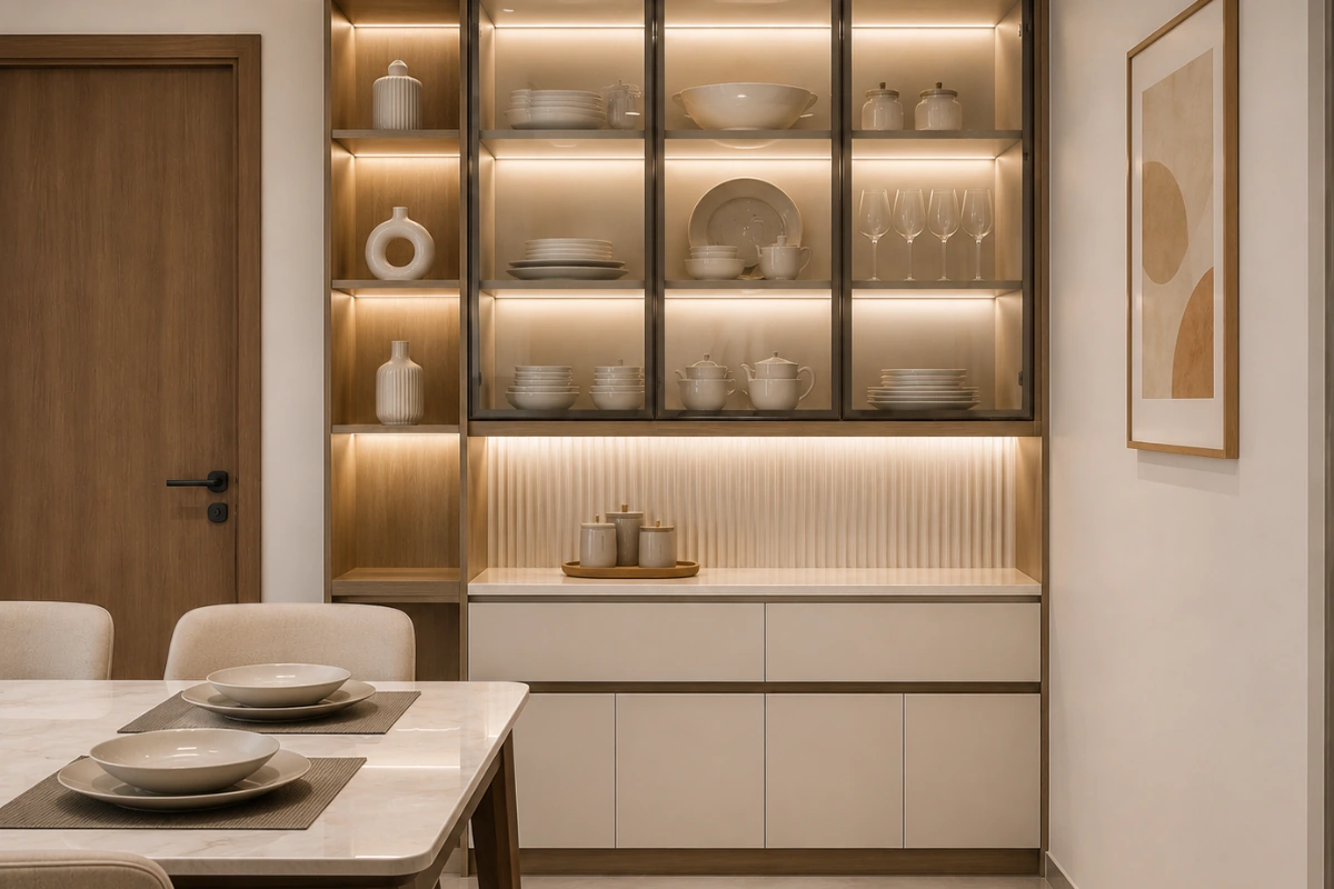 Stylish dining room crockery unit with wooden finish and illuminated display storage