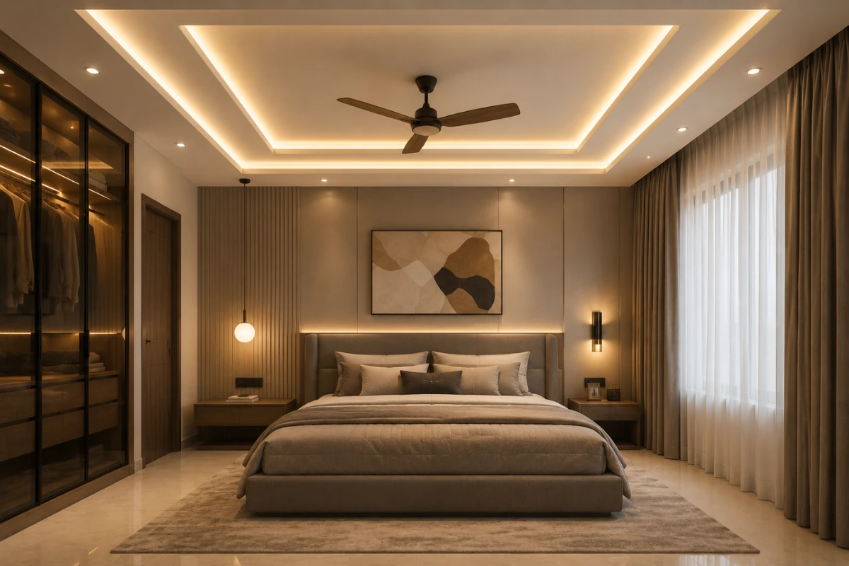 Stylish gypsum ceiling design for bedroom with ceiling fan and warm LED lighting