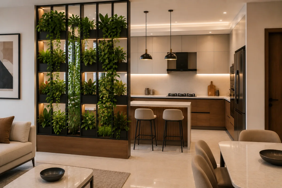 Vertical Garden Partition design for kitchen with dining
