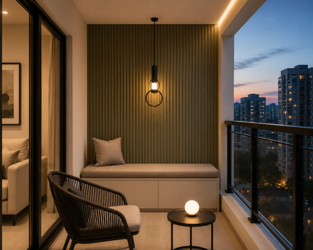Apartment balcony design with built-in seating, pendant light, and modern outdoor furniture