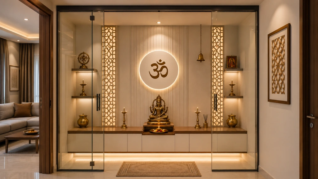 Glass partition pooja room design with floating cabinet and brass idol