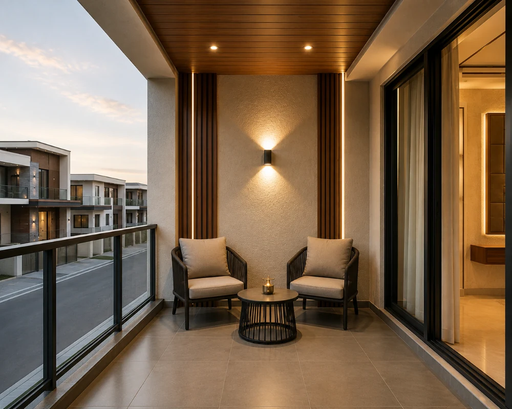 Luxury apartment balcony design featuring wooden ceiling and lounge chairs