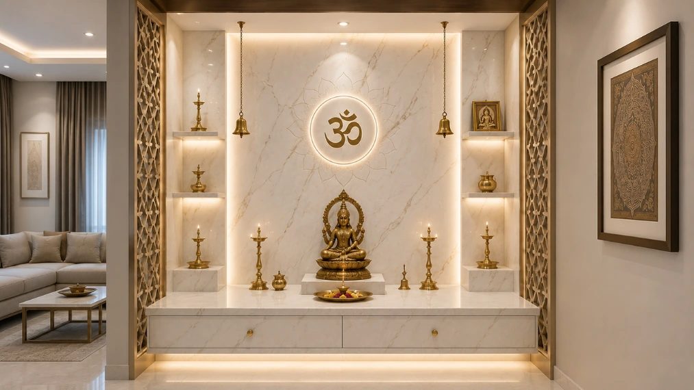 Luxury marble pooja room design with floating cabinet and illuminated backdrop