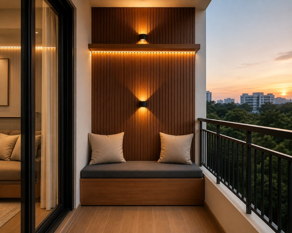 Modern balcony design for apartment with wooden slat accent wall and ambient lighting