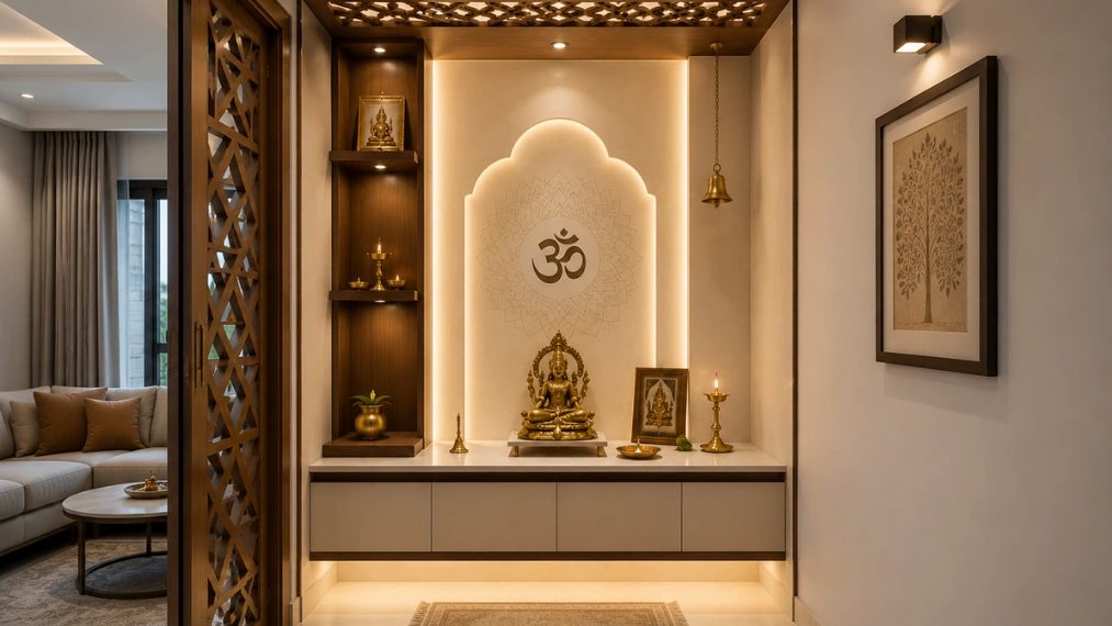 Modern home pooja room interior design with warm lighting and wooden jali screen