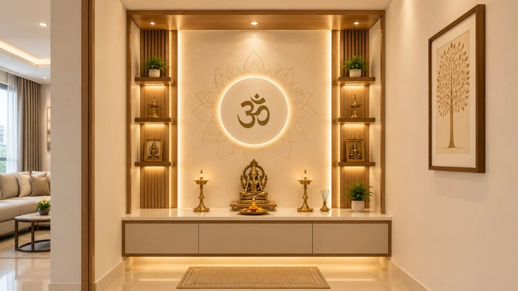 Modern pooja room interior design for 2 BHK apartment with warm lighting