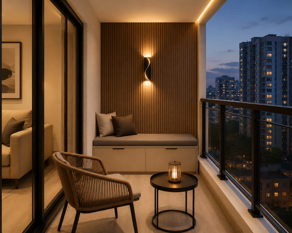 Small apartment balcony design with elegant bench seating and city skyline view
