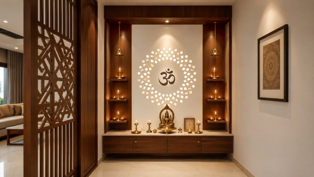 Small pooja room design with wooden storage and decorative wall panel