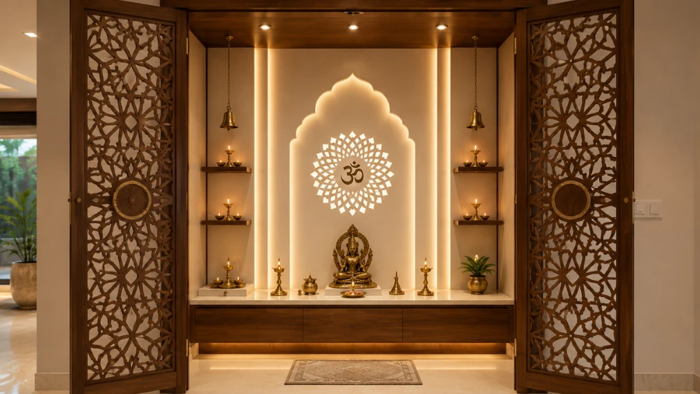 Wooden jaali pooja room design with floating cabinet and brass décor