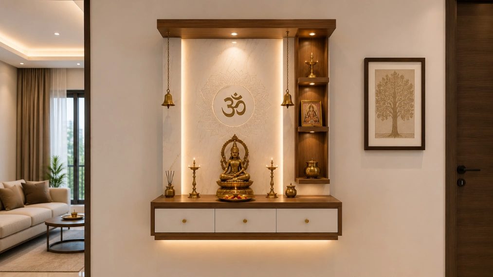 Wooden wall-mounted pooja unit design with floating storage cabinet