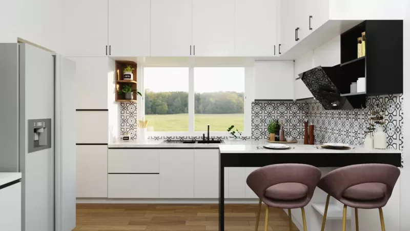 Scandinavian style modular kitchen design Scandinavian style modular kitchen design with white cabinets and breakfast counter with bar stools