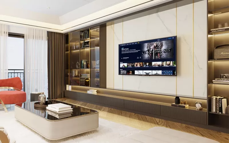 Modern luxury tv unit design with marble and lighting