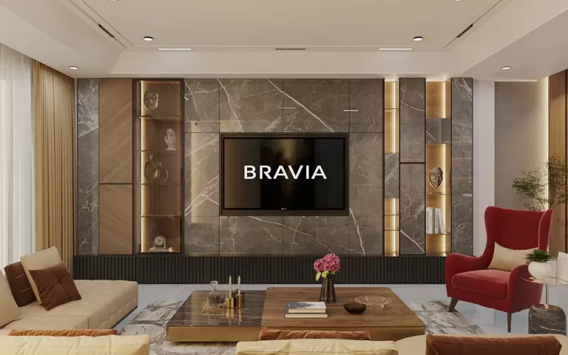 Main hall modern tv unit design with marble wooden shelves